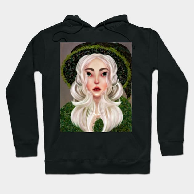 Forest Witch Illustration Fern Witch Hat White Hair Green Eyes Stars and Crescent Moon Hoodie by penandbea